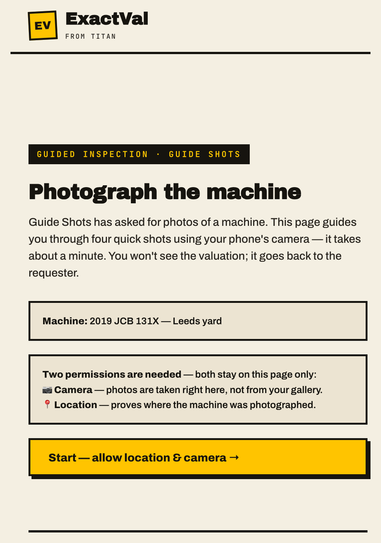 The guided-camera page asking for camera and location before the shutter unlocks